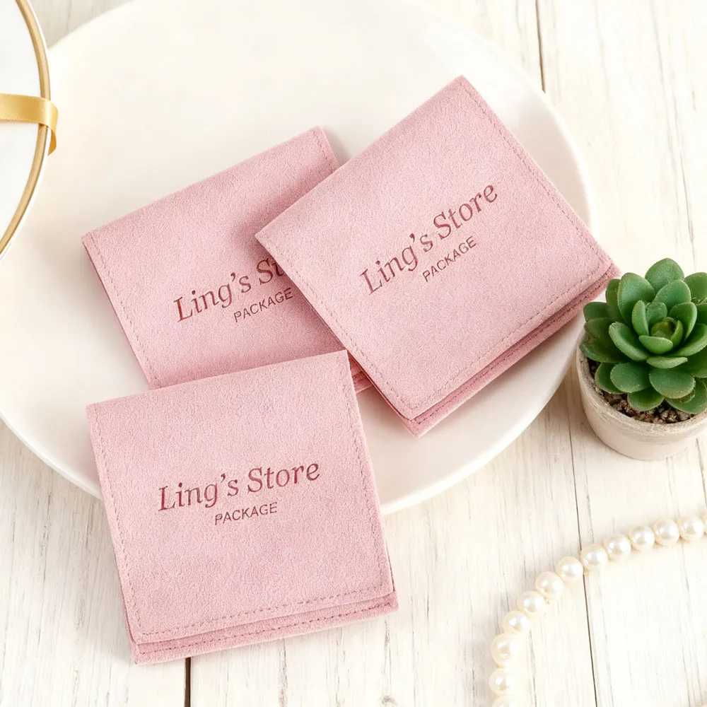 

100Pcs Pink Custom Logo Microfiber Jewelry Gift Envelope Bag Personalized Nail Perfume Pouches Earrings Organizer Wedding Favors