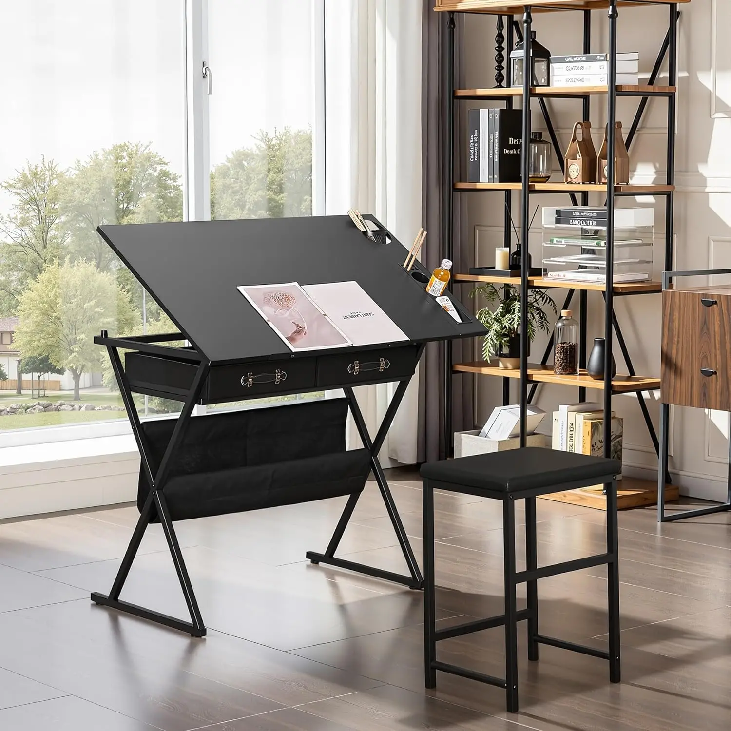 Drafting Table Art Desk Art Table Adjustable Drawing Table Tilted Tabletop with 2 Storage Drawers and Stool, Drawing Desk for Artist Painters Drawing, Crafting, Reading, Writing, Black