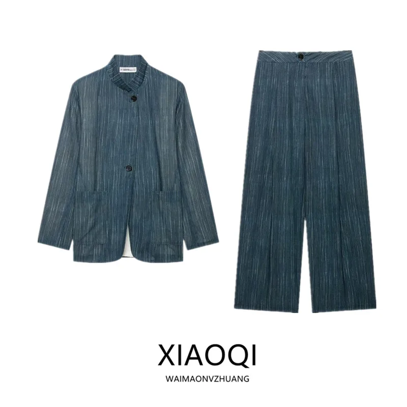 New 2026 Early Autumn Women's Fashion Stripe Pattern High Waist Suit Jacket Stand Collar Outerwear with Long Pants