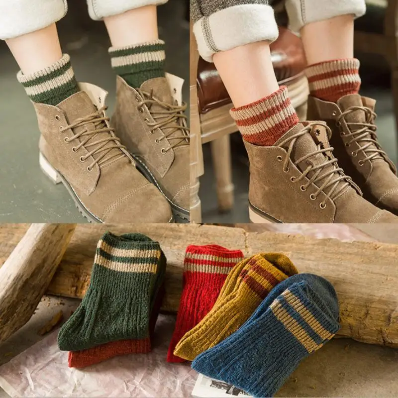 4color Choice Women Socks New Design Autumn Winter Double Needle Thick Line Thickened Rabbit Wool Turn Warm Pile 5PAIR