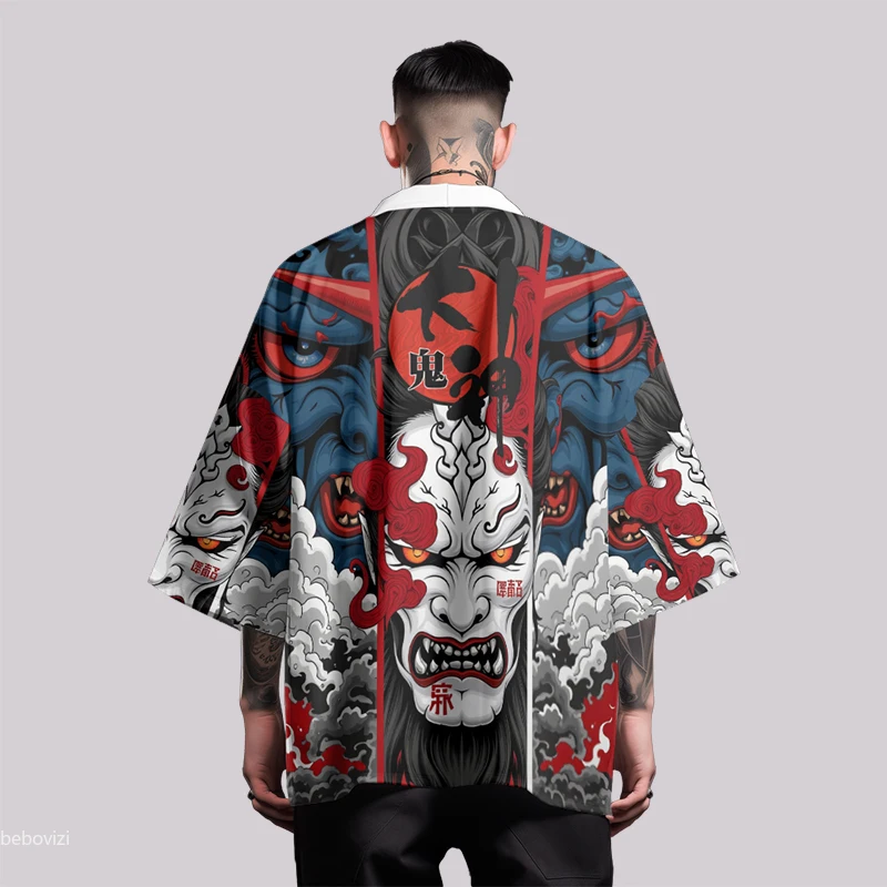 موضة هاراجوكو شيطان طباعة المرأة يوكاتا Ukiyo-e سترة غير رسمية كيمونو 2025 الصيف قميص الشاطئ ملابس هاوري اليابانية