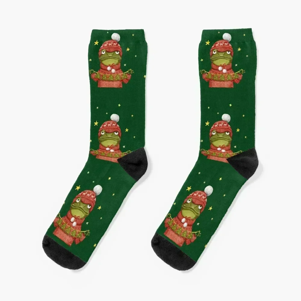

Mrs Frog is wishing Merry Christmas. Green background Socks cycling happy retro floral Socks Girl Men's