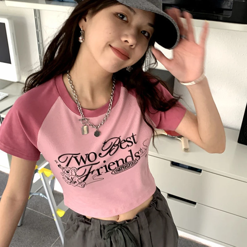 2026 Summer New Women's T-shirt Vintage Patchwork Short-sleeved Slim T-shirt Female Y2k Tops Woman