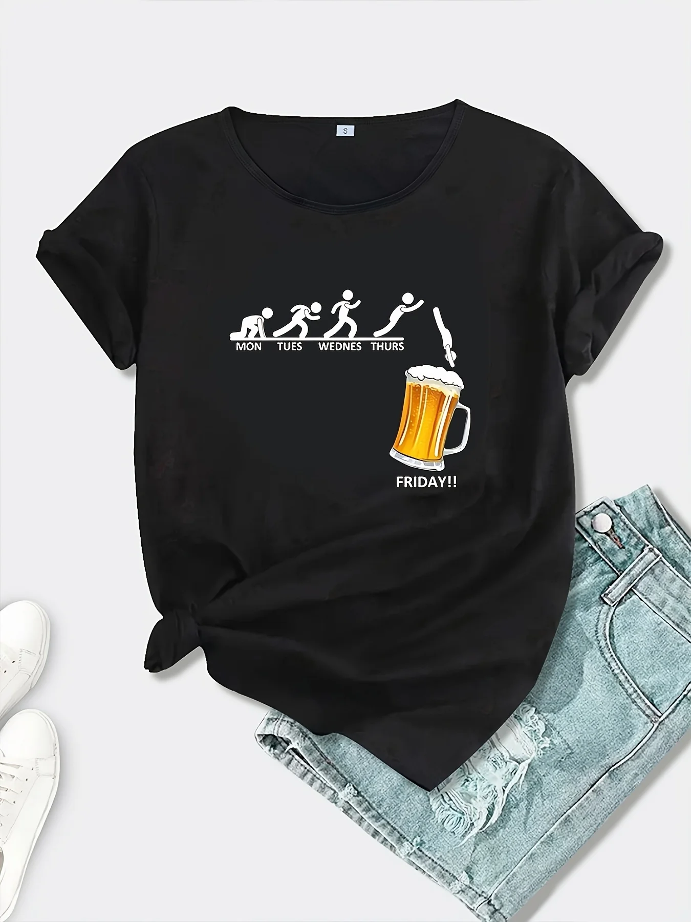Women's Comfortable Soft T-Shirt Crew Neck Short Sleeve Regular Shoulder T Shirt Looking Forward To Weekend Beer Print Tops Tees