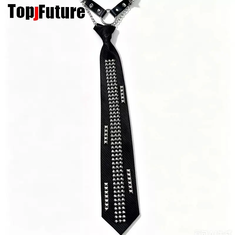 Punk Rivet Spike Choker Tie Set Subculture Dark Metal Chain Unique Hot Girl Black Necktie Gothic Y2K Harajuku Alternative Street