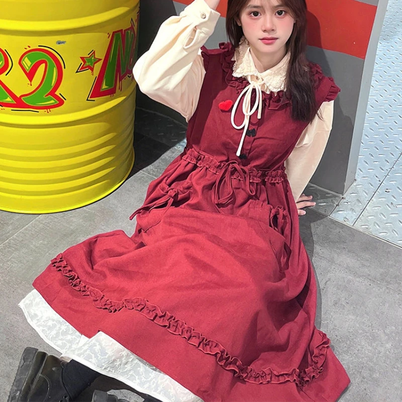 Women's Spring Autumn Vintage Sweet College Mori Girk Style Dress Loose Casual Wooden Ear Edge Red Vest Long Dresses with Shirt