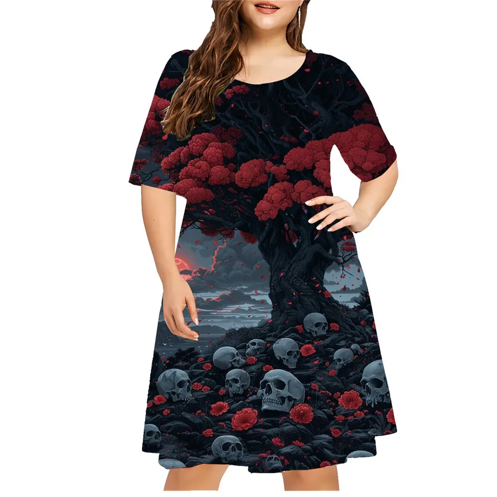 2024 New Fashion Dresses Women Horror Skull 3D Printed Dress Casual Red Flower Short Sleeve Loose Dress Plus Size Women Clothing