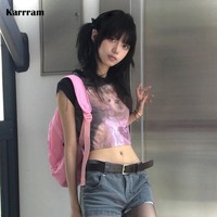Karrram Japanese Y2k Crop Top 2000s Aesthetics Bear Print Short Sleeve T-shirt Vintage Harajuku Lace Patchwork Tee Shirt Lolita