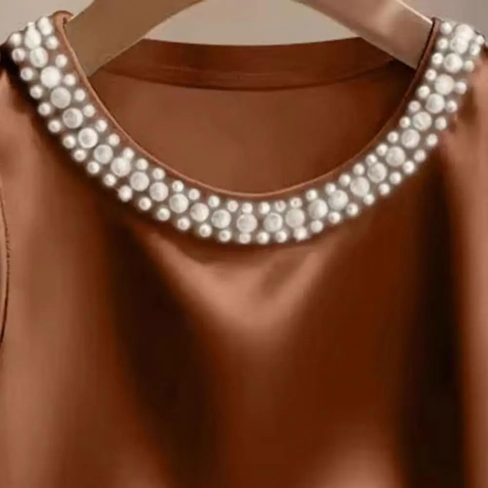Imitation Pearl Neckline Shirt Soft Blouse Women’s Satin Vest Top with Imitation Pearl Decoration Round Neck Blouse Loose Fit