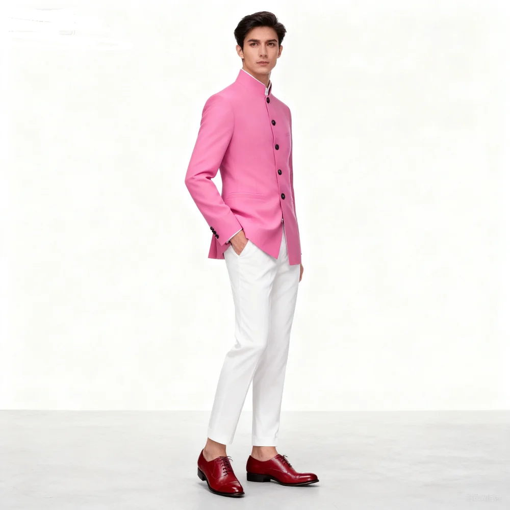 

Men's Chinese Style Dress Set, Slim Fit, Stand Collar, Wedding Groom Tuxedos, Jacket, Pants Sets, Classic, High Quality, 2 Pcs