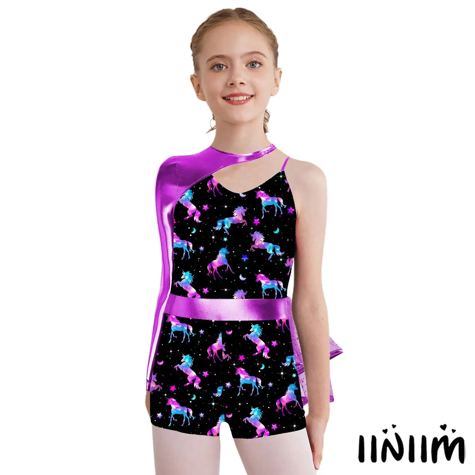 

Kids Girls Ballet Jazz Dance Costume Vibrant Print Sequins Mesh Athletic Bodysuit Gymnastic Jumpsuit for Dance Training Practice
