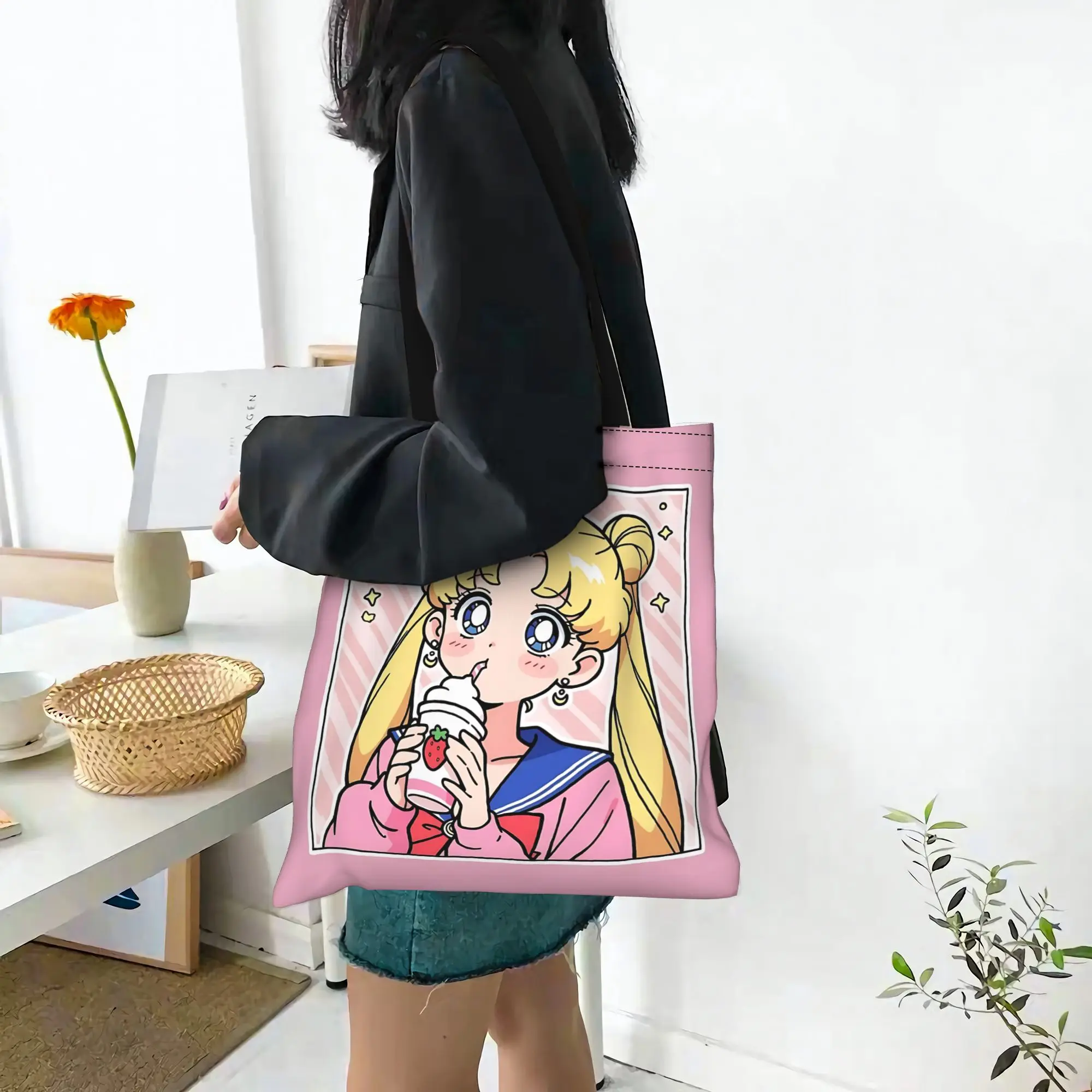 Customized Sailor Moon Women's Bag Shopping Bag Reusable Double Sided Canvas Tote Bag Shoulder  Handbag