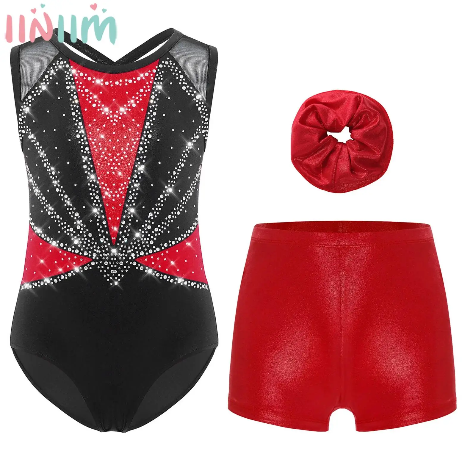 

6-16Y Girls Sleeveless Rhinestone Mesh Ballet Dance Acrobatics Gymnastics Figure Skating Leotard with Shorts Hairband Dancewear