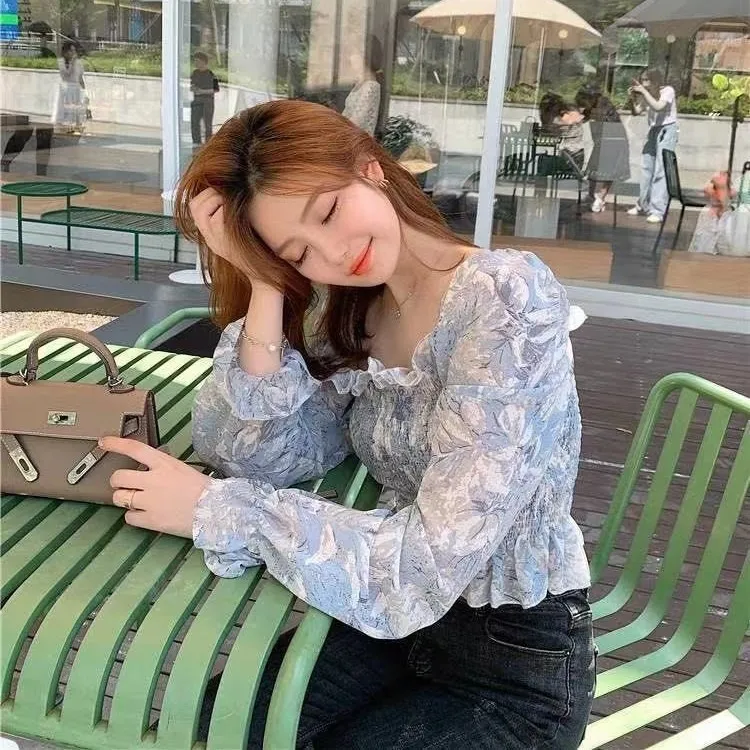 New Korean Version Cool and Cute Blueberry Oil Painting Chiffon Shirt Western-style Long Sleeve Square Neck Collarbone Blouse