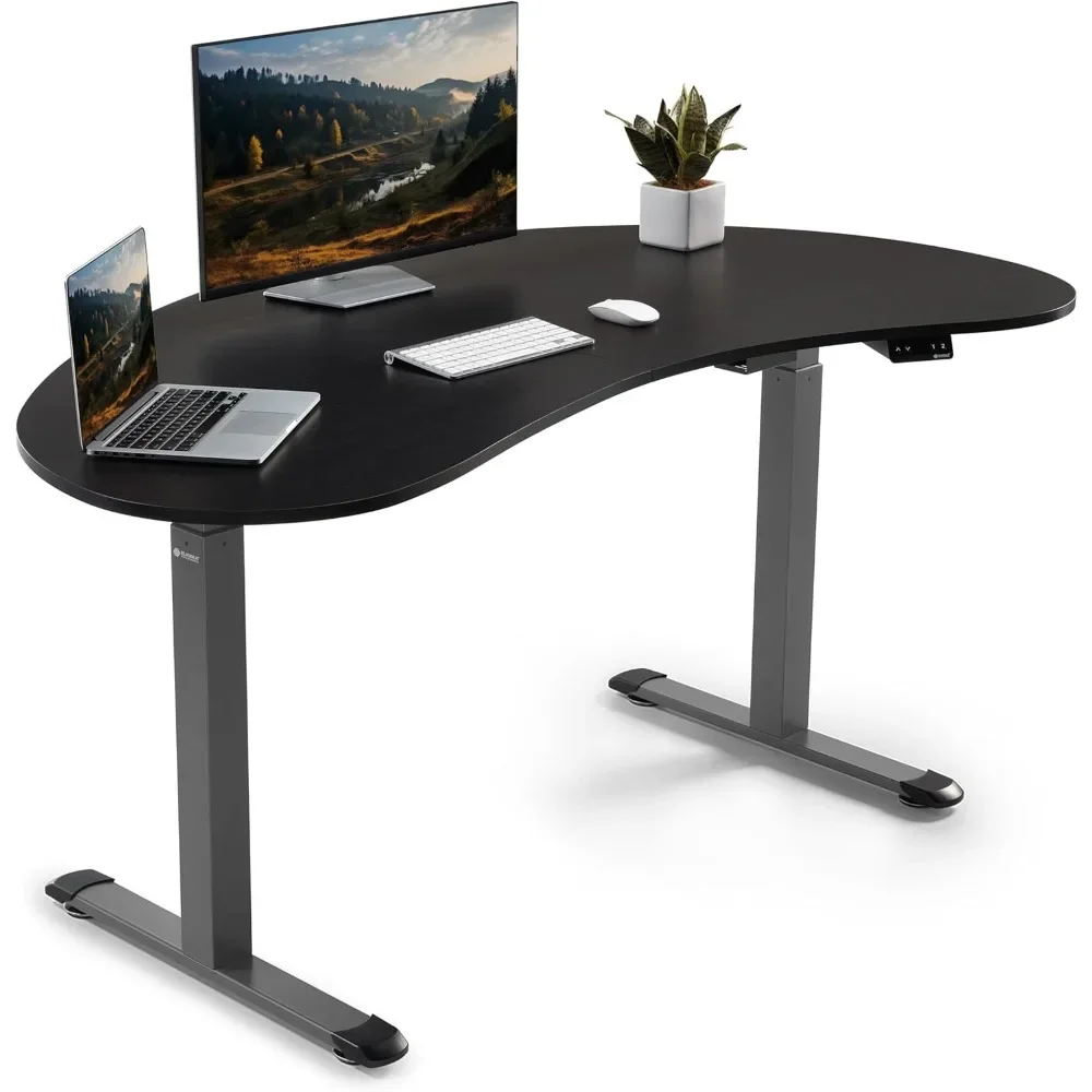 70 Inch Height Adjustable Curved Home Office Desk - Cashew-Shaped Triamine Smoked Wood Sit Stand Up Table