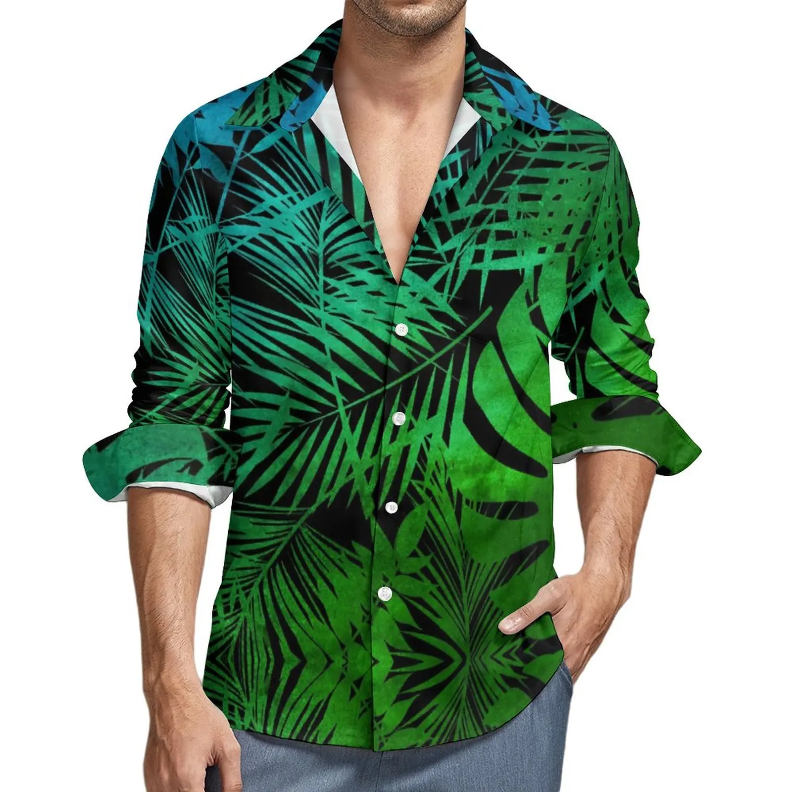 

Palm Leaf Print Casual Shirts Men Green Ombre Tropical Shirt Long Sleeve Retro Street Blouses Autumn Printed Top Plus Size