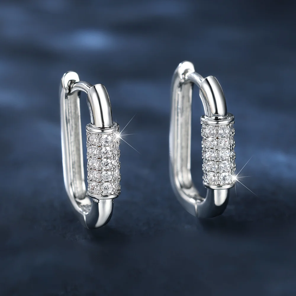 Geometric Crystal U Shape White Zircon Hoop Earrings For Women Vintage Silver Color Small Ear Buckle Wedding Jewelry Party Gifts