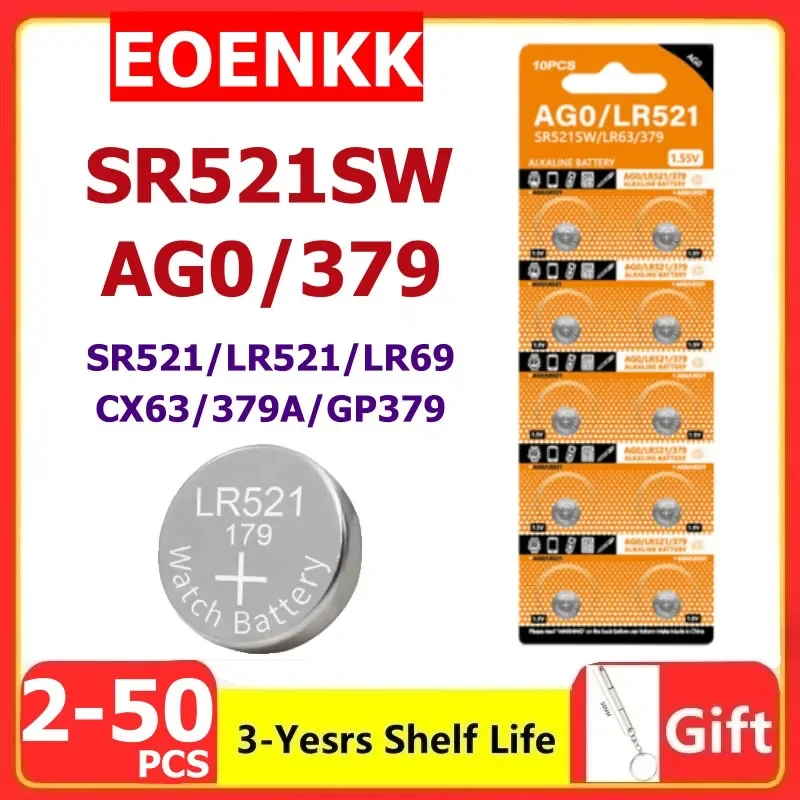 NEW 2-50PCS AG0 379 SR63 LR69 LR521 379A 1.55V Button Batteries For Watch Toys Remote SR521SW D379 Cell Coin Alkaline Battery