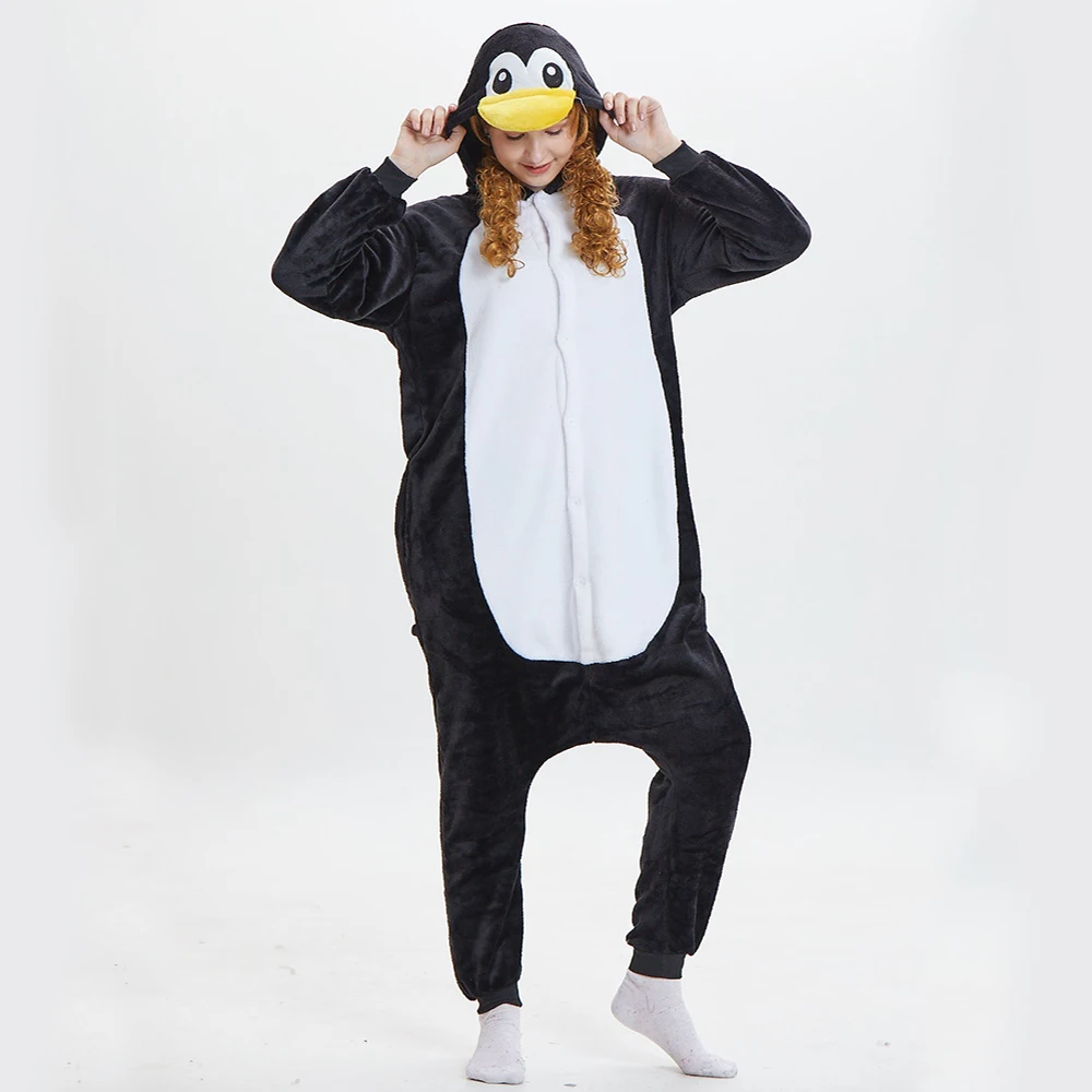 Kigurumi Black Penguin Flannel Onesie Adult Animal One-piece Pajamas Cosplay Homewear Sleepwear Jumpsuit Costume for Women Men