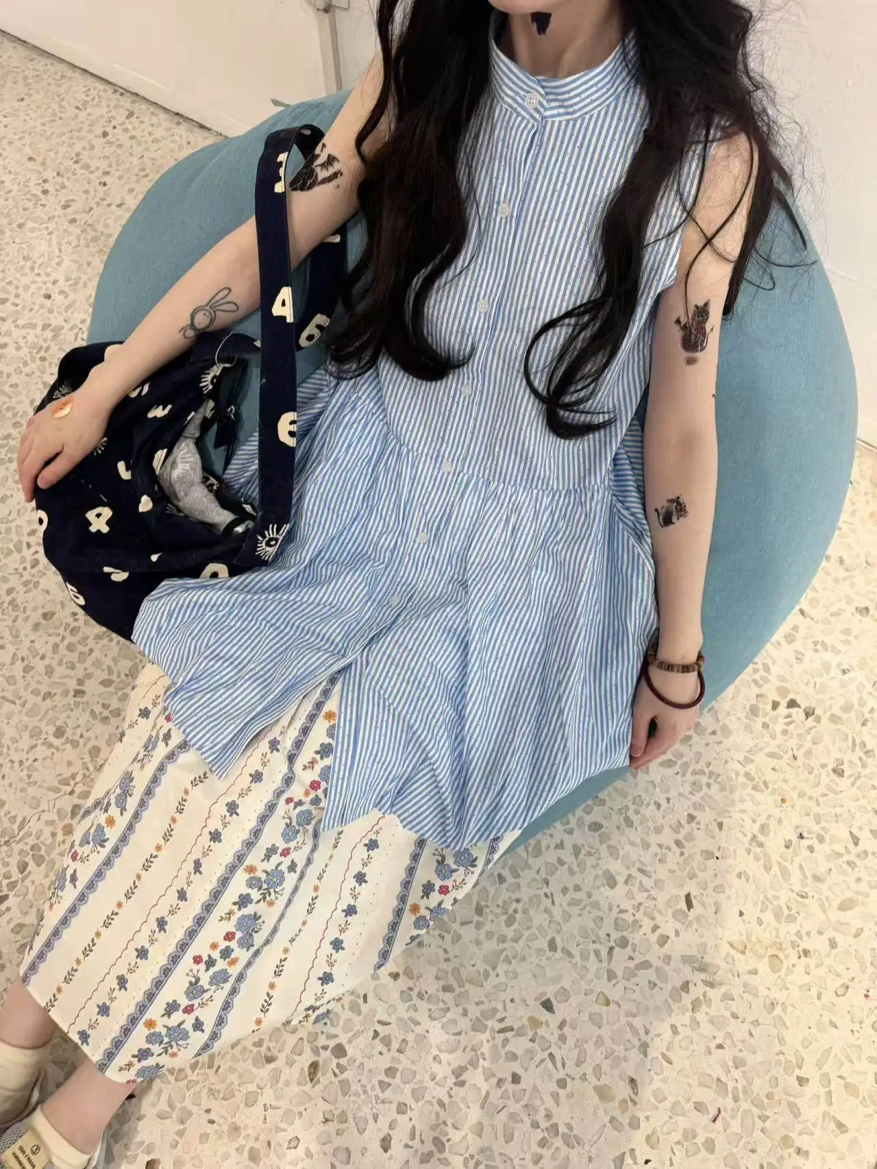 

Ting синяя полосатая юбка с цветочным принтом, комплект повседневных двухсекционных женских юбок из смеси хлопка Faion, осенне-весенне-летние юбки