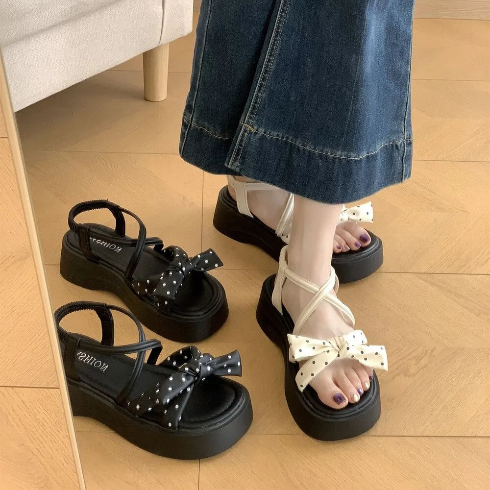 

Fashion Women Polka Dot Bow Knot Platform Sandals Open Toe Elastic Back Strap Thick Sole Summer Casual Wedge Shoes