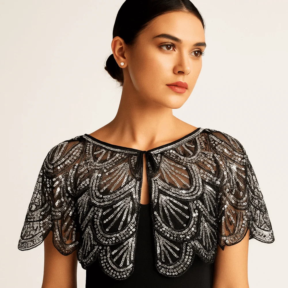 Fashion Ruffle Sequins Poncho Coat Blingbling Mesh Sequins Shawls 1920s Theme Short Cape Flapper Shawl Ladies