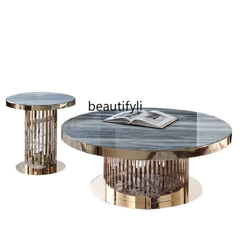 

Light Luxury Stone Plate Coffee Table Italian Simple Small Apartment Size Circular Sleeve Stainless Steel Living Room Side Table