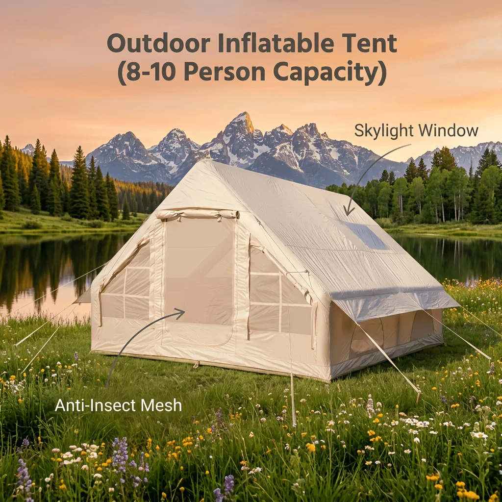 

Надувная палатка для кемпинга на 8-10 человек, вместительная, площадью 12 кв.м., с окнами на крыше и отверстиями для дымохода.