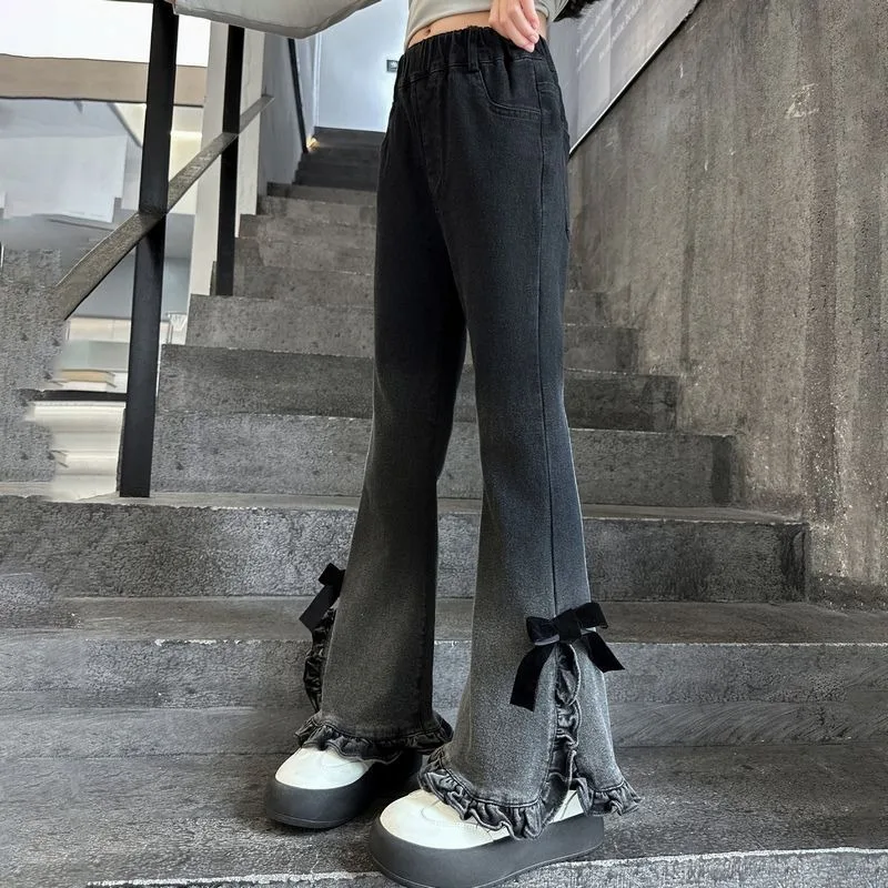 girls'-fleece-lined-denim-bell-bottom-pants-2025-autumn-winter-new-thickened-stylish-bow-lace-trim-long-pants
