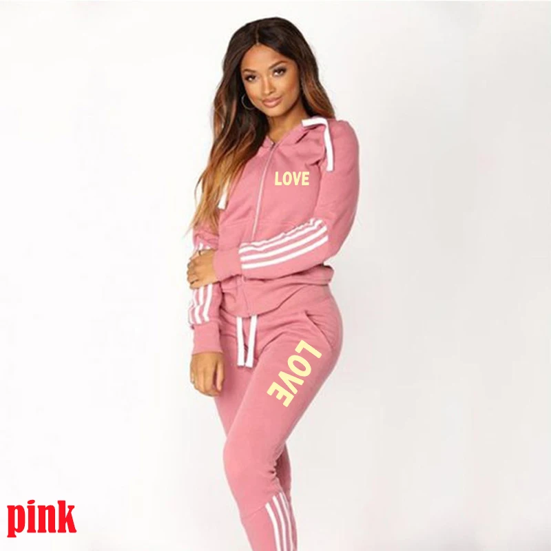 Fashion Love Letter Print Women Track Suits Sexy Sports Wear Jogging Suits Ladies Hooded Tracksuit Set  Zipper Hoodies Suit