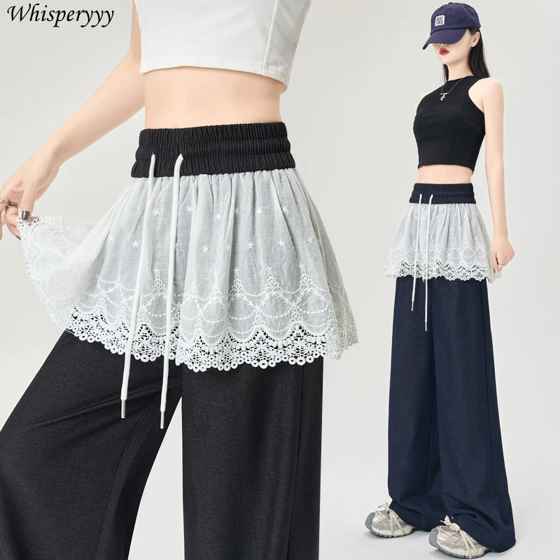 

Denim Wide-leg Pants Women Spring Summer Loose Straight Casual Jeans Female Elastic Waist Drawstring Patchwork Lace Trousers