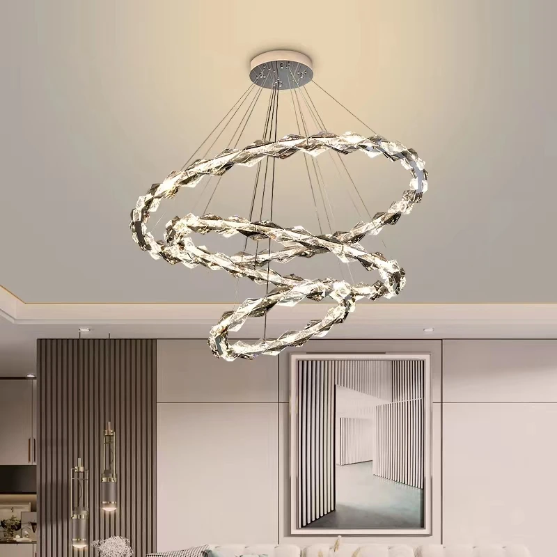 

Living Room Pendant Lamps New Modern Minimalist Atmosphere Light Luxury Designer Stainless Steel Crystal Ring Hanging Lamp