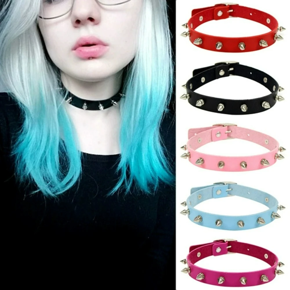Schwarze mehrfarbige PU-Leder-Halskette für Damen und Herren, coole Punk-Gothic-Biker-Kragen-Nieten-Rock-Halskette, Rave-Schmuck