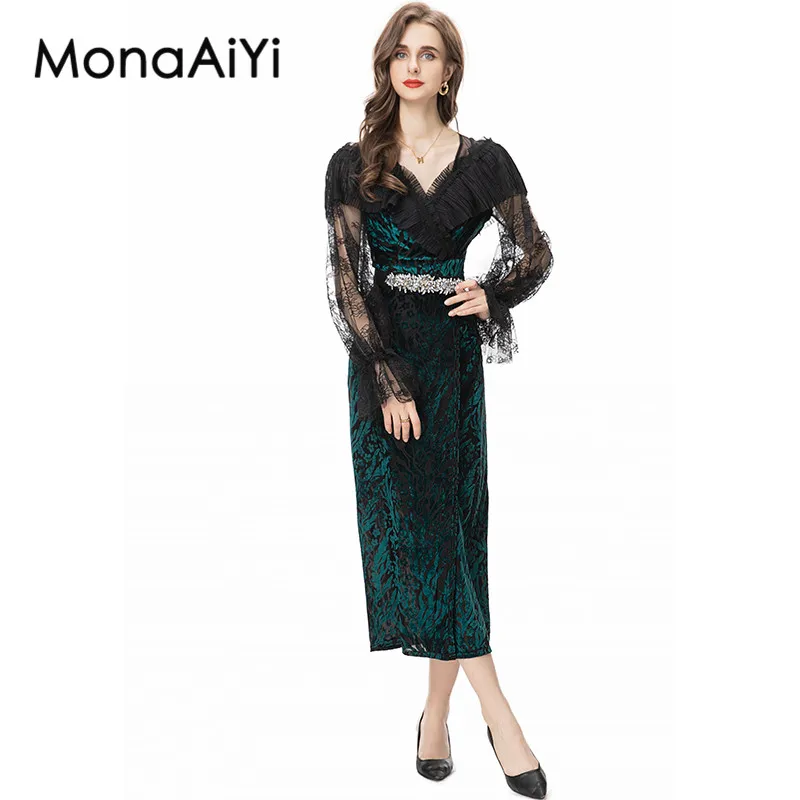 

MonaAiYi Fashion Runway Designer Dress Women's V-Neck Transparent Ruffle Sleeves Rhinestone Belt Print Slim Banquet Black Dress