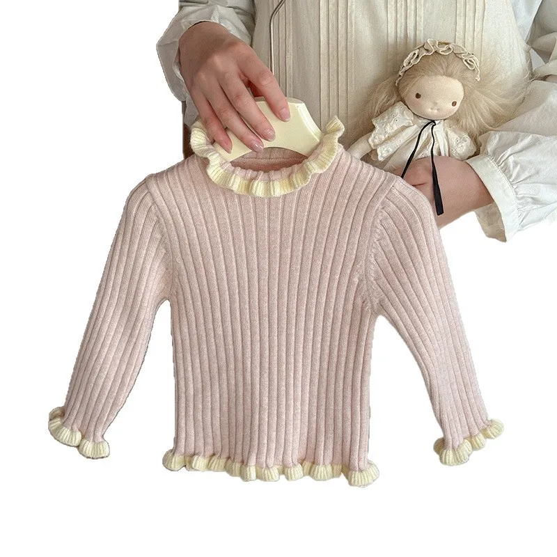 الفتيات سترة طويلة الأكمام الخريف الشتاء جديد نصف الياقة المدورة الدانتيل قاعدة ملابس داخلية البلوز Kawaii ملابس الأطفال