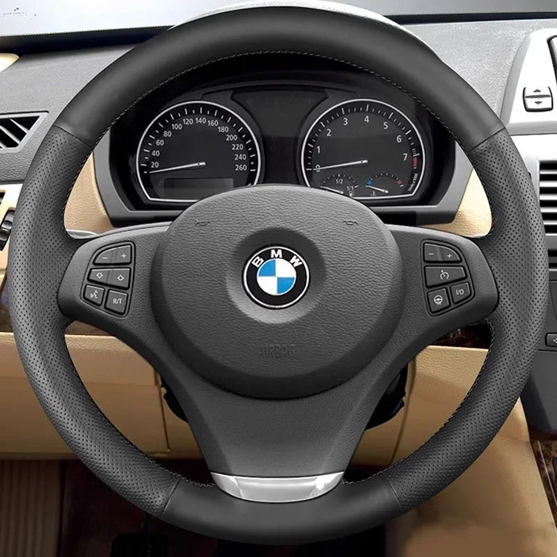 For BMW E83 X3 2003-2010 E53 X5 2004-2006 car accessories DIY Hand Stitched black Genuine Leather Car Steering Wheel Cover