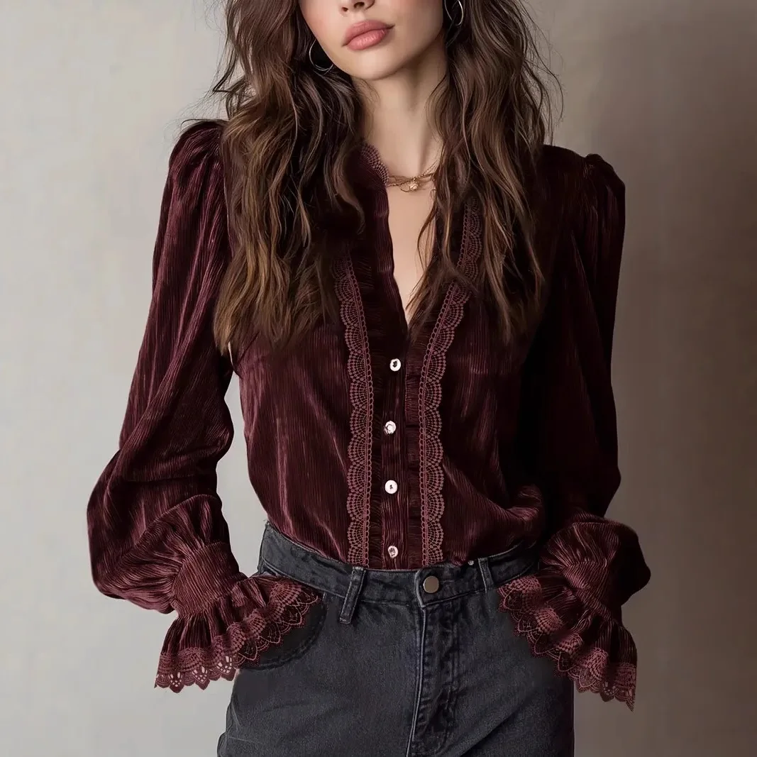 

Элегантная бархатная блузка для женщин, однобортная однобортная блузка с рюшами и кружевной отделкой, повседневная милая осенняя европейская блузка в стиле ретро, топы