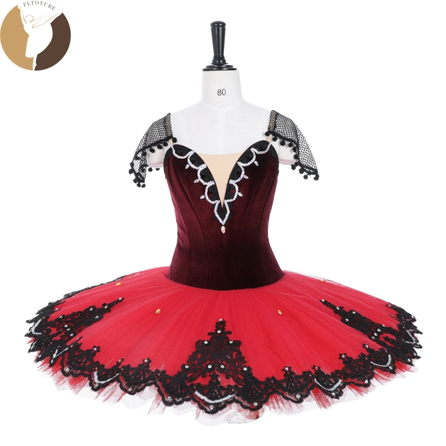 

FLTOTURE Burgundry Velvet Elastic Adjustable Pancake Skirt Women Classical Ballet Variation Don Quixote 12 Layers Tutu Dress