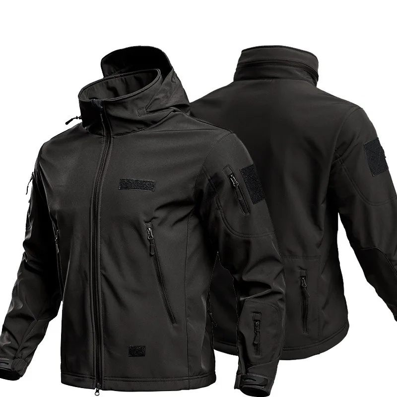 Winter Men Hooded Tactical Jacket Warm Fleece Wind Resistant Soft Shell Coat Multi Storage Zipper Pockets for Outdoor Hiking