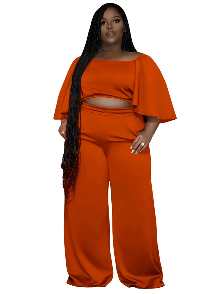 Wmstar Plus Size Two Piece Sets Women Clothing Solid Off Shoulder Tops and Pants Wide Leg Matching Set Wholesale Dropshopping