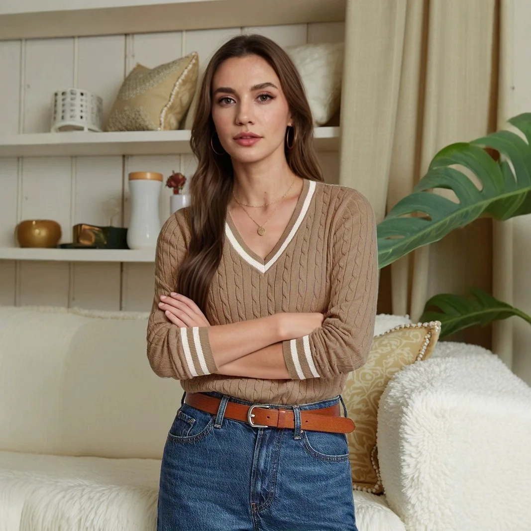 

Autumn Winter Striped Sweater for Women Versatile Elegant Casual Artistic Color Block V-neck Pullover Knitwear