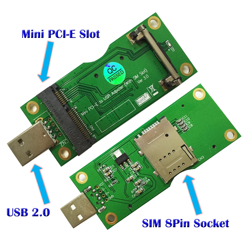 Mini PCI-E to USB Adapter With SIM card Slot for WWAN/LTE Module converts 3G/4G wireless Mini-Card to USB port.