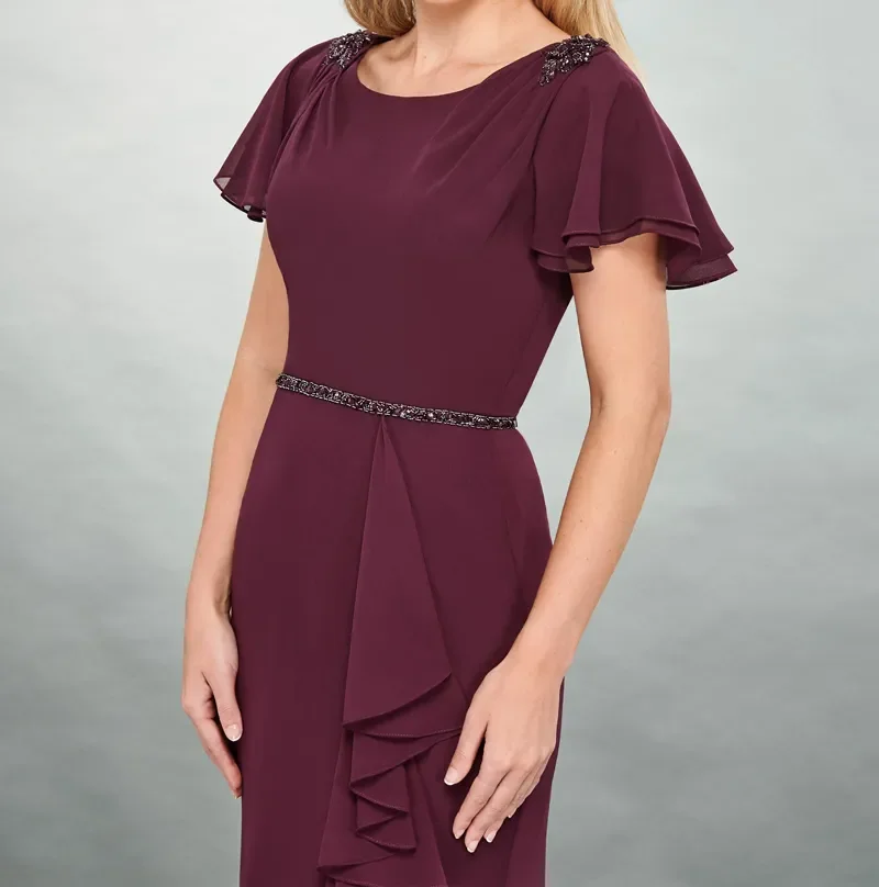 Eleagnt Grape mother of the bride dress Chiffon with Beaded Waist Praty Dress with Wrap High Quality