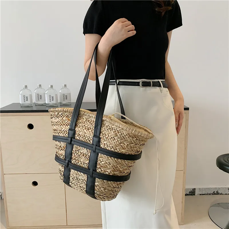 Designer Straw Shoulder Bag For Women 2024 Summer Beach Bag Fashion Hand-Woven Handbag Large Capacity Basket Shopper Tote Bag