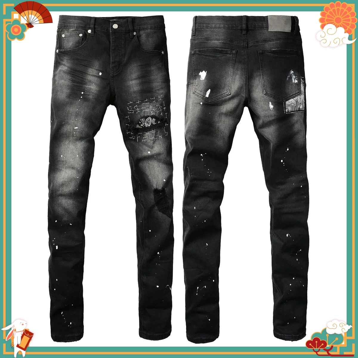 Men Fashion Trends Jeans American High Street Retro wash Black Hole Patch Distressed Stretch Skinny Button Fly Ripped Jeans
