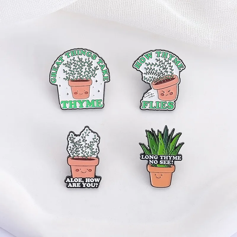 الألوة الزعتر بوعاء النبات المينا دبابيس مرحبا كيف أنت وقت طويل لا انظر كيف يطير الزعتر بروش طوق التلبيب شارات مجوهرات هدايا