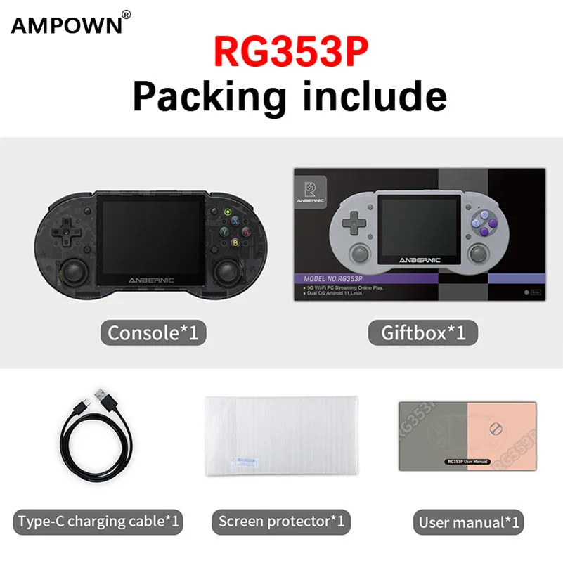 AMPOWN RG353P Retro Handheld Video Game Console 3.5 INCH IPS Touch Screen Android Linux Dual OS Support HDMI 5G Wifi Console