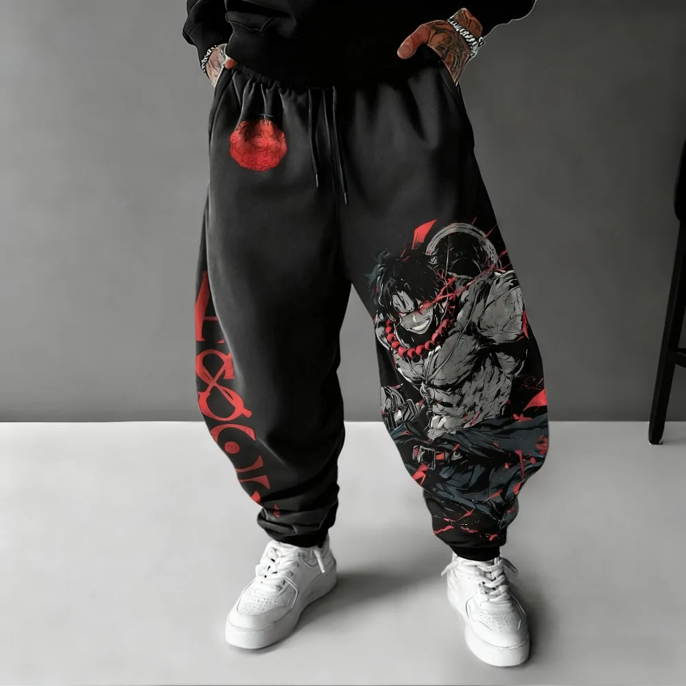 ONE PIECE Ace Celana Katun Baru Musim Gugur/Dingin Motif Anime untuk Pria dan Wanita, Celana Longgar Kasual Fashion Hip Hop Ketat