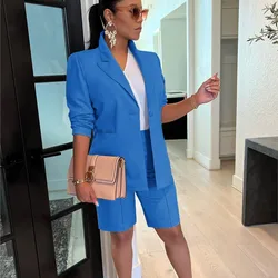 Summer New Solid Color Suit Shorts Women's Set Simple Slim Commuter Temperament Long Sleeve Coat Female Suit Office 2 Piece Set