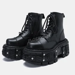 Czarne platformy sznurowane botki punkowe matowe skórzane New Arrival okrągłe Toe Party Cool Rock buty motocyklowe